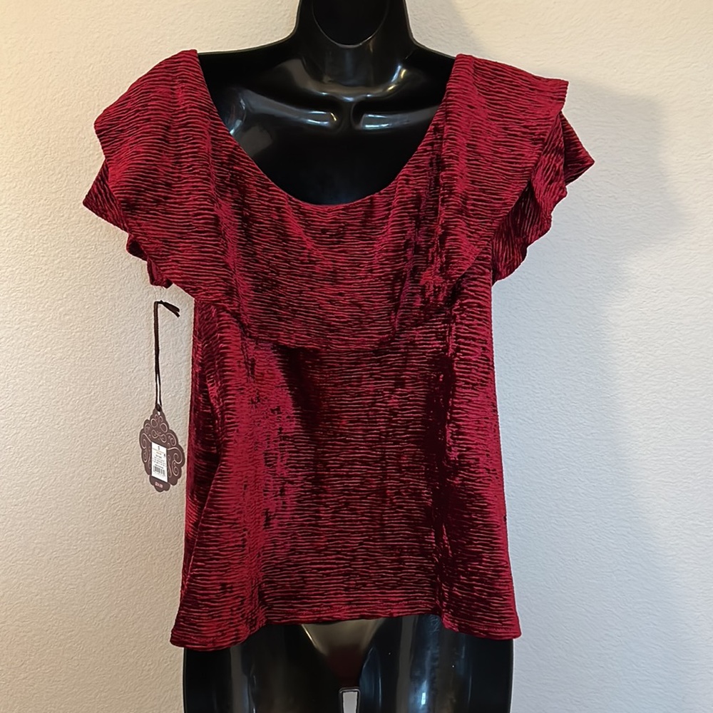 Knox Rose Burgundy Maroon Crushed Velvet Ruffle Off the Shoulder Top - Picture 9 of 12